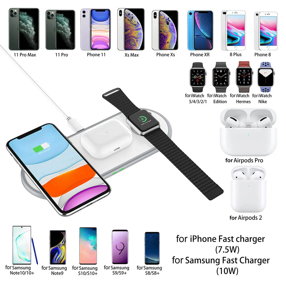 Беспроводное зарядное устройство Qi для Apple Watch 5 4 3 2 1 iPhone 11 XS XR X 8 Airpods Pro 10 Вт быстрой