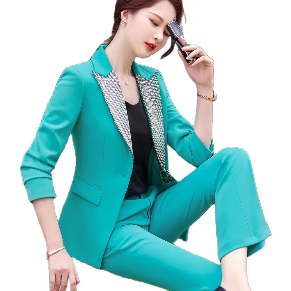 Korean autumn and winter women's work clothes office suit pink jacket two-piece fashion formal uniform trousers 2-piece suit