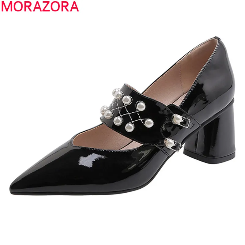 Женские туфли с острым носком MORAZORA черные мэри джейн из натуральной кожи на