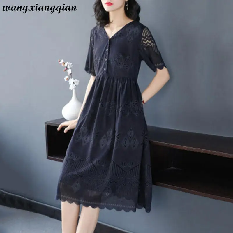 Женское платье с v образным вырезом весенне летнее из полиэстера ажурное женское