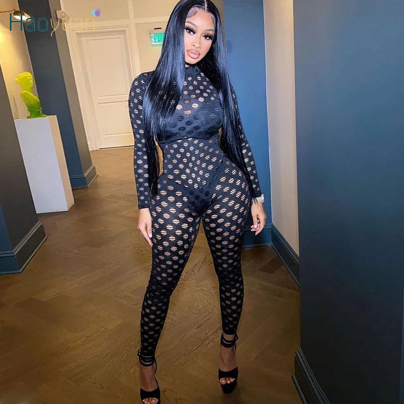 

Сексуальный сетчатый Облегающий комбинезон HAOYUAN с длинным рукавом, наряды на день рождения для женщин, летняя одежда, одежда для ночного клу...