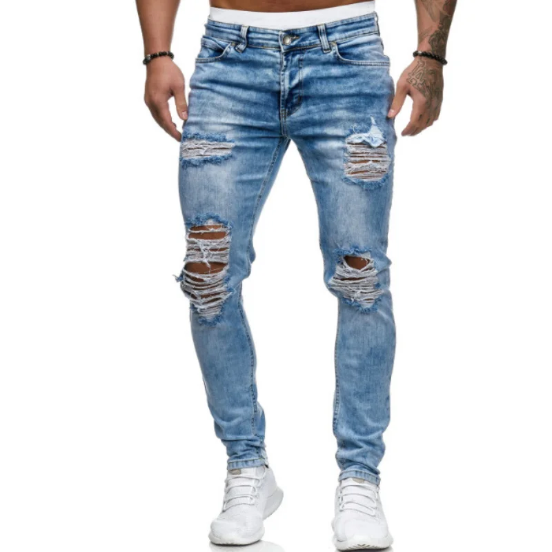 

Hot Men Ripped Skinny Jeans Blue Biker Hole Pencil Pants Locomotive Party Casual Trousers Street Clothing Denim Men Clothing