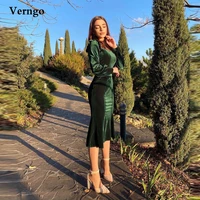 verngo green velvet knee length prom dresses long sleeves jewel neck mermaid party formal dress simple women evening gown