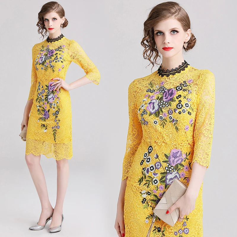 

Simgent Lace Dress Woman Floral Embroidered Three Quarter Sleeve Elegant One-Piece Dresses Women Clothes Vestidos Frock SG1372