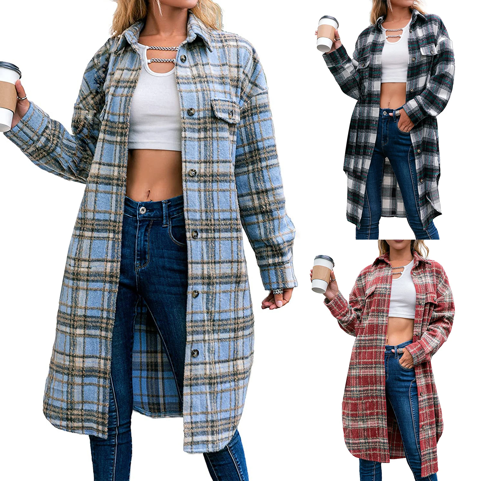 

Women Plaid Coat Long Sleeve Lapel Neck Buttons Overcoat Casual Party Fall Spring Long Tops