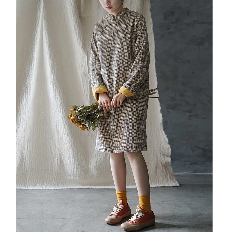 

SCUWLINEN 2022 Women Spring Autumn Dress Vintage Print Corduroy Double Layer Long Cotton Dresses Retro Improved Cheongsam P194