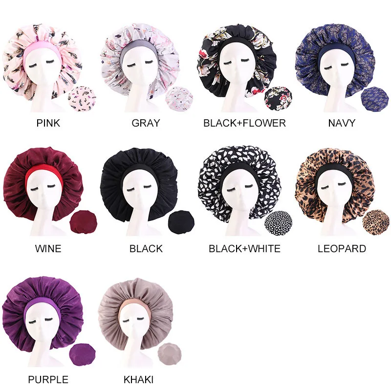 

New Super Large Imitation Silk Elastic Round Hat Night Sleep Cap Printed Household For Women Soft Bonnet Salon Makeup Cover