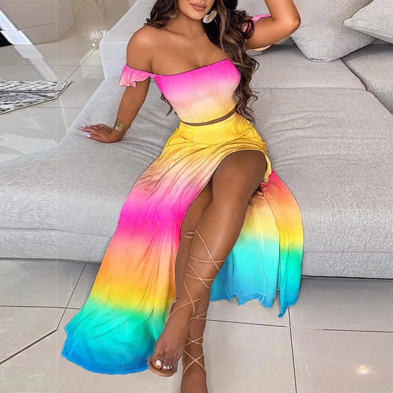 

Women Floral Print Long Dress Sets Sexy Off Shoulder Tops And Split Skirt Suit Summer Party Two Piece Set Vestidos De Mujer