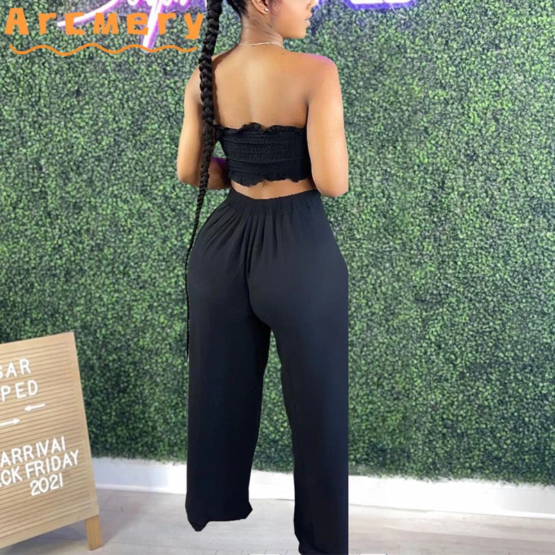 

2 Pieces Pants Sets Women Bow Knot Design Strapless Top & Wide Leg Pants