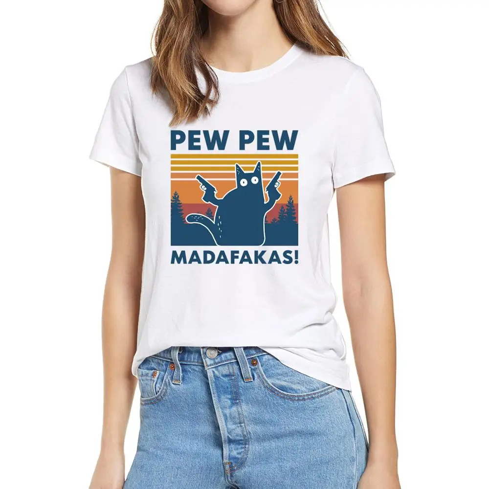 Черная кошка Pew Madafakas забавная Гангстер с пистолетом мемом Ретро Женская футболка