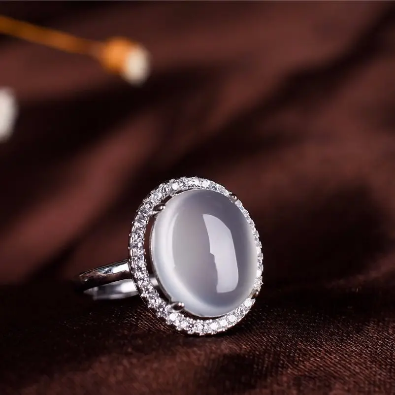 

Auction Leak-Picking Natural Icy Chalcedony Fluorescent Color Inlaid 925 Silver Jade Big Diamond Women's Ring Open Mouth