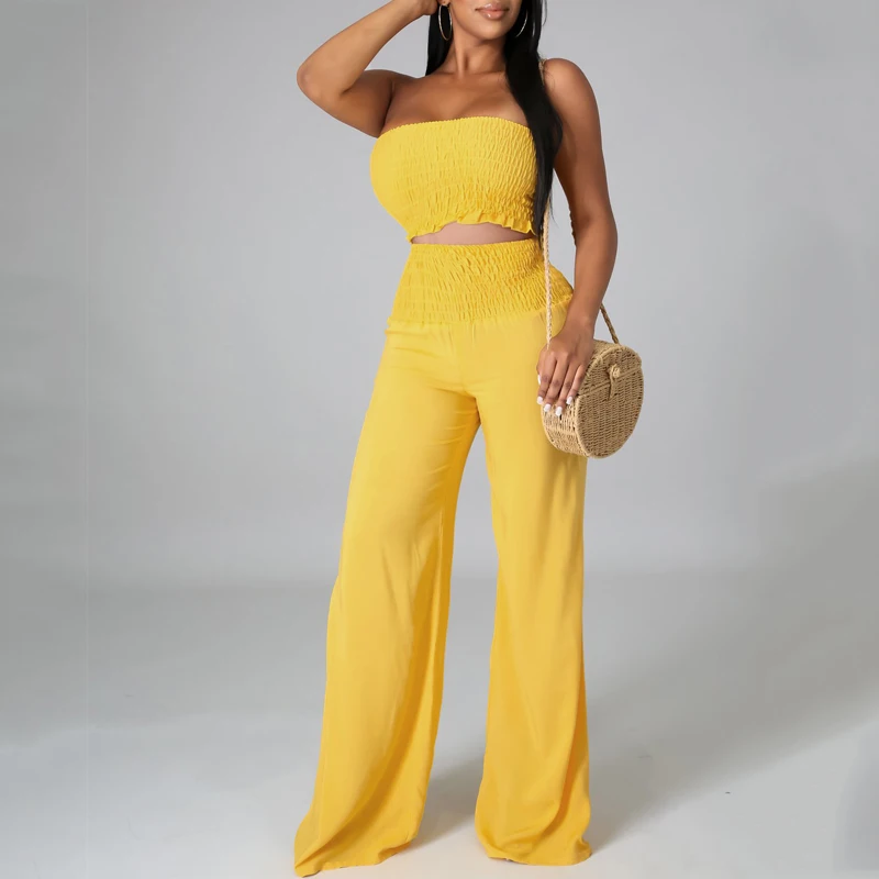 

Women High Waist Pants Two Piece Summer Sleeveless Tube Top & Elastic Waist Trousers Set Solid Color Casual Wide Leg Pant Suits