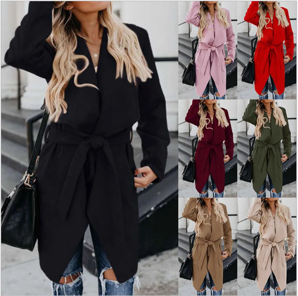 

Long Coat Women Solid Turn Down Collar Drawstring Trench Coat Fashion OL Style Winter Plus Size Female Outerwear