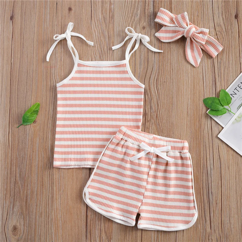 

2021 Summer 2Pcs Set Newborn Baby Clothes Round Collar Suit Sleeveless Short Pants Bodysuit Stripe Printing with Bow Headdress
