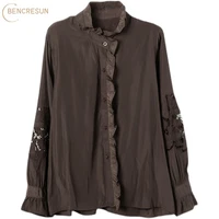 korean elegant ruffled collar shirt fashion embroidered hole button blouse women plus size dark brown black top spring autumn