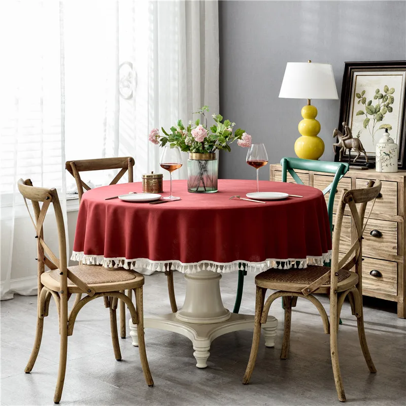 

Linen Tablecloth Cotton Solid Color Red Picnic Table Round Table Covers Home Dining Tea Table Decoration Lace Tassel Xmas Decor