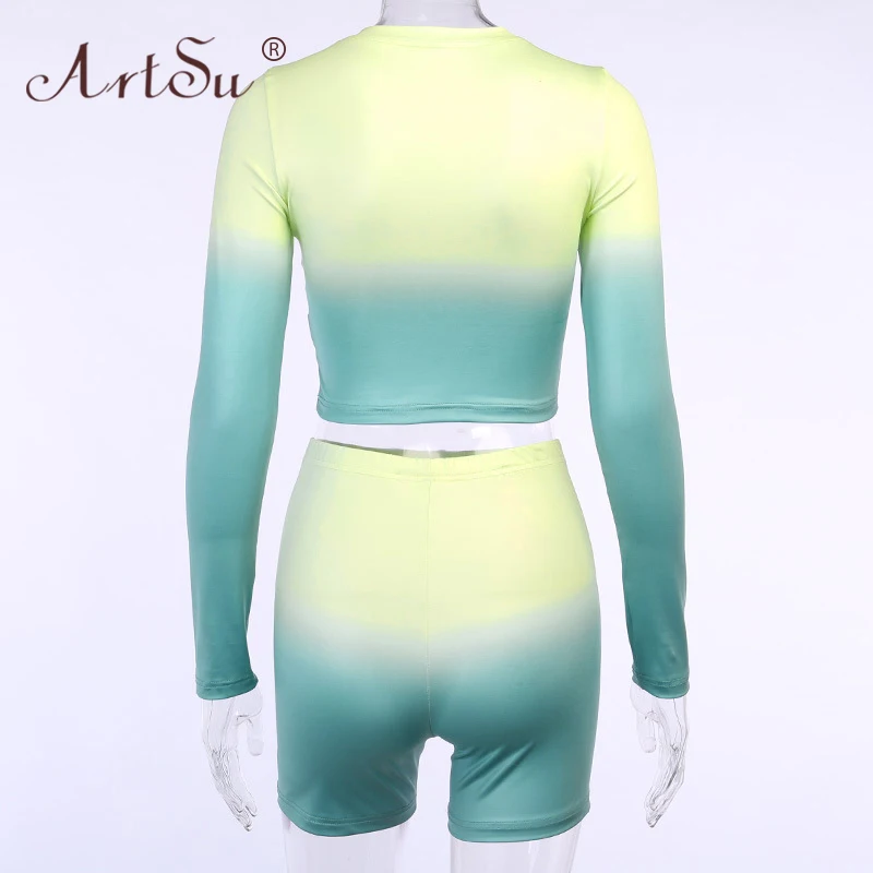 

ArtSu Women Tie-Dye Print Two Pieces Set Summer Panelled Skinny Crop Top And Bike Shorts Casual 2 Piece Sets Tracksuit