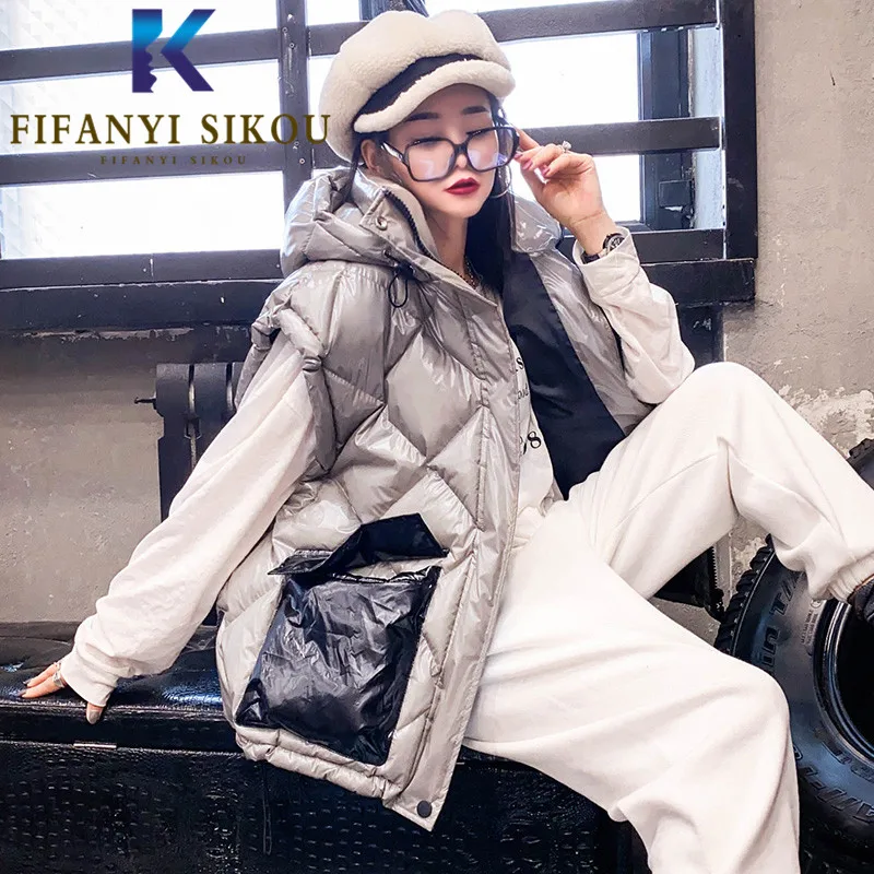 

Winter Vest Women Fashion Patchwork Hooded Sleeveless Jacket Thick Warm Down Cotton Vest Coat Big Pocket Loose Waistcoat Female