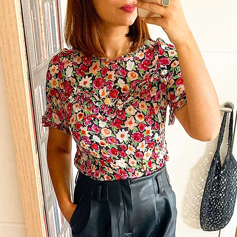 

Flowy Fluid Cut Shirts Women Floral Print Short Sleeve O Neck Blouses 2022 Summer Elegant Chic Vintage Tunic Tops chemises femme