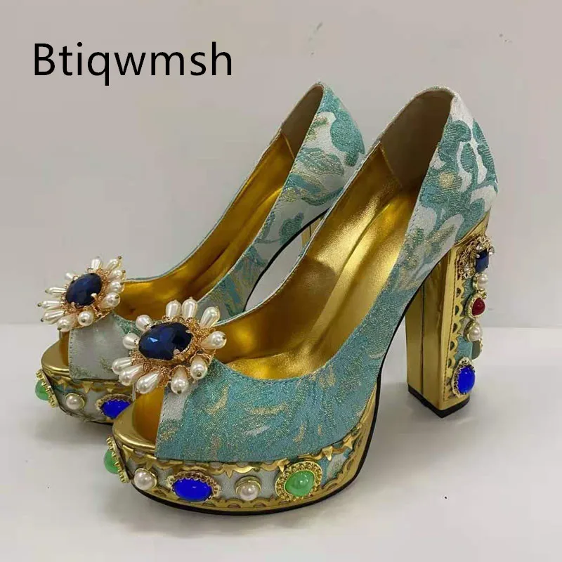 

Green Luxury Satin Platform Shoes Woman Peep Toe Rhinestone Diamond Pearl Square High Heels Shoes Woman Sexy Wedding Shoes