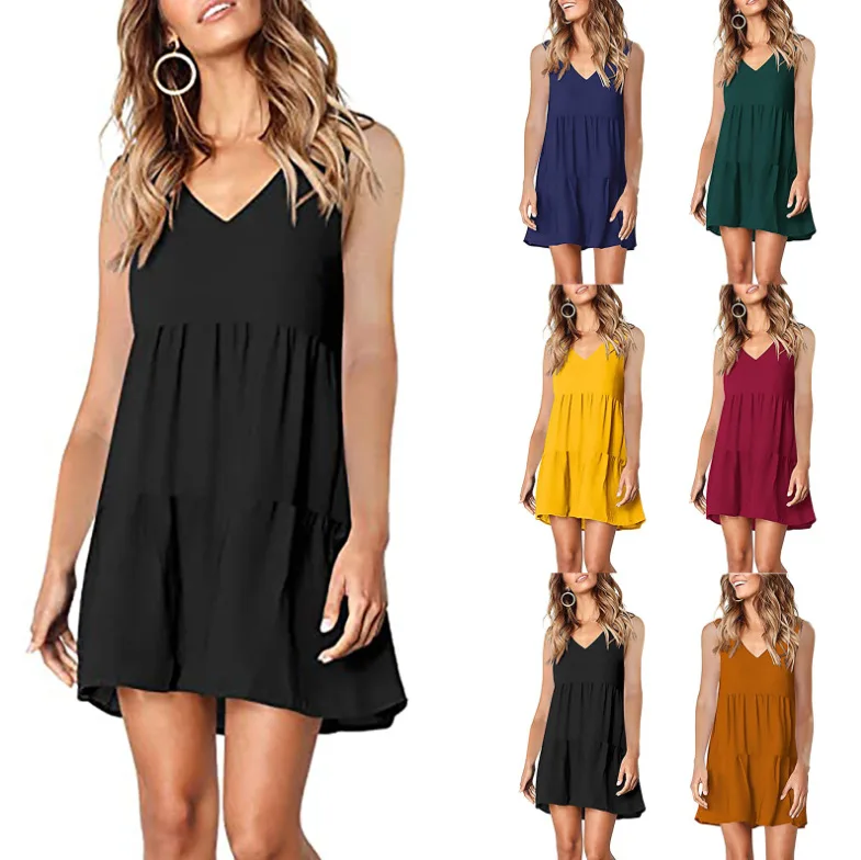 

2021 summer new wish independent station Amazon hot sale sleeveless V-neck women's dress cross border supply