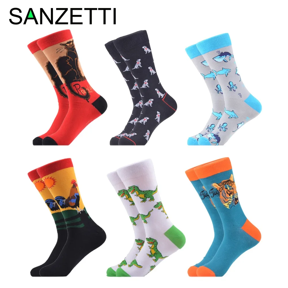 SANZETTI, 6 пар/лот, мужские повседневные носки из чесаного хлопка с креативным рисунком, платье с изображением тигра, кошки, собаки, животного, удобные свадебные подарочные носки