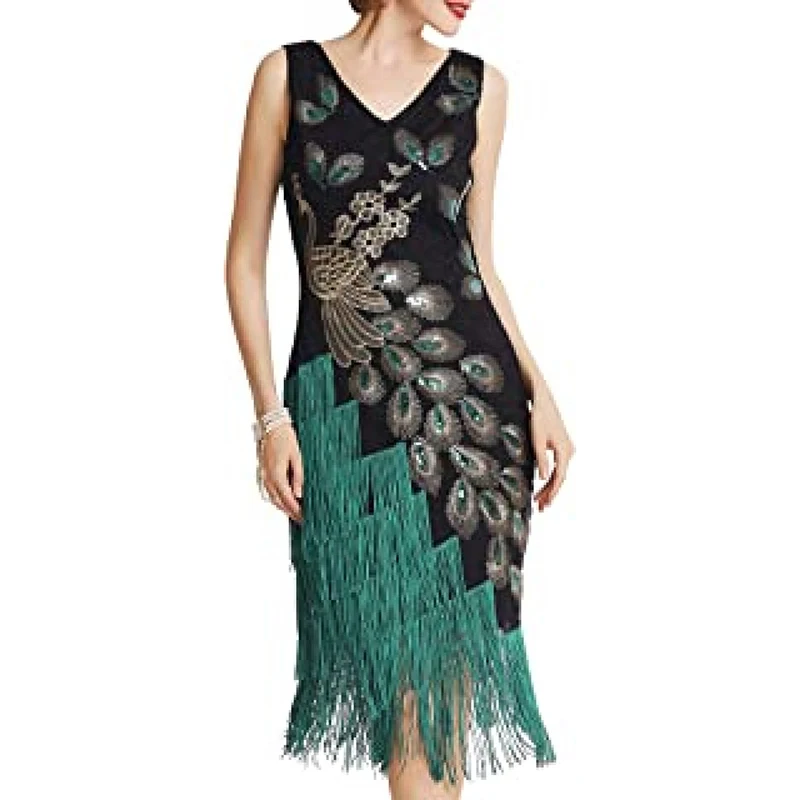 

1920s Vintage Peacock Sequin Dress Gatsby Fringe Flapper Dress Roaring 20s Party Dress New Years Eve Women's Clothing