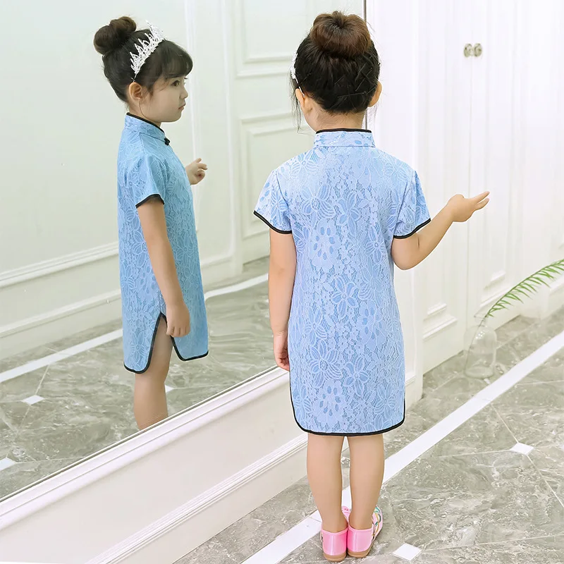 Princess Girls Dress Chinese Traditional Costumes Cheongsams Hanfu Tight Dragon&Phoenix Floral Kids Girls Kimono Satin Dress