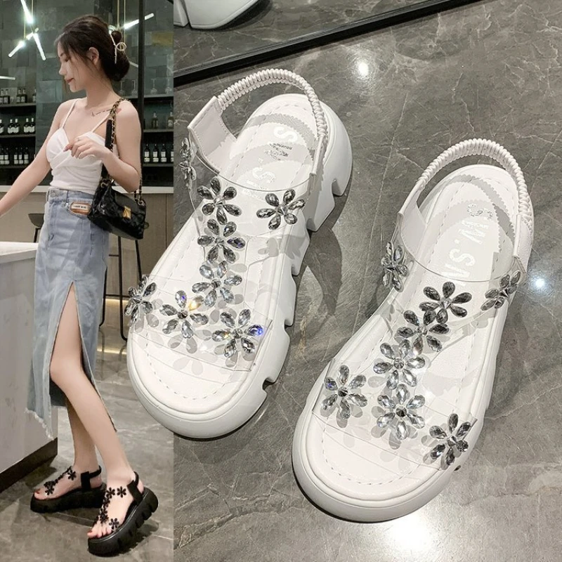 

2021 Fashion Rhinestone Flower Sandals, Thick-Soled Casual Sandals, Ladies All-Match Roman Sandals, Anti-Skid Increase And Slim