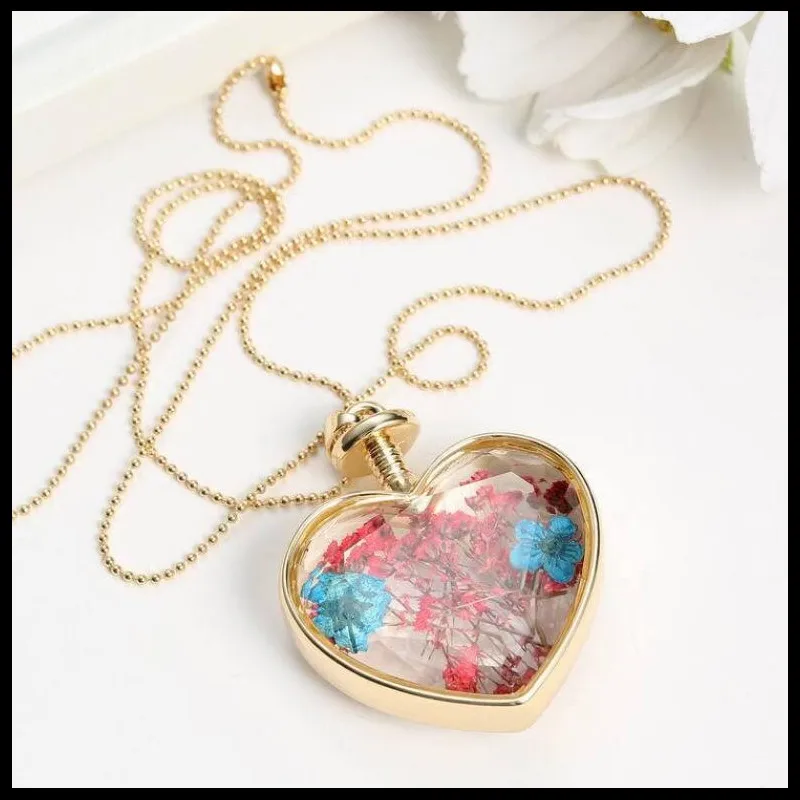 Dried Flower Real Dry Glass Charms Pendant Necklace Heart Locket Gold Chain For Women Jewelry Fashion | Украшения и аксессуары