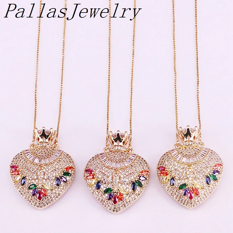 Necklaces 5 шт. Радужный цвет красочные CZ микро pave кубического циркония сердце ожерелье с подвеской Великолепный золотой цвет для женщин Parrty ювелирные изделия - Окраска металла: Necklaces