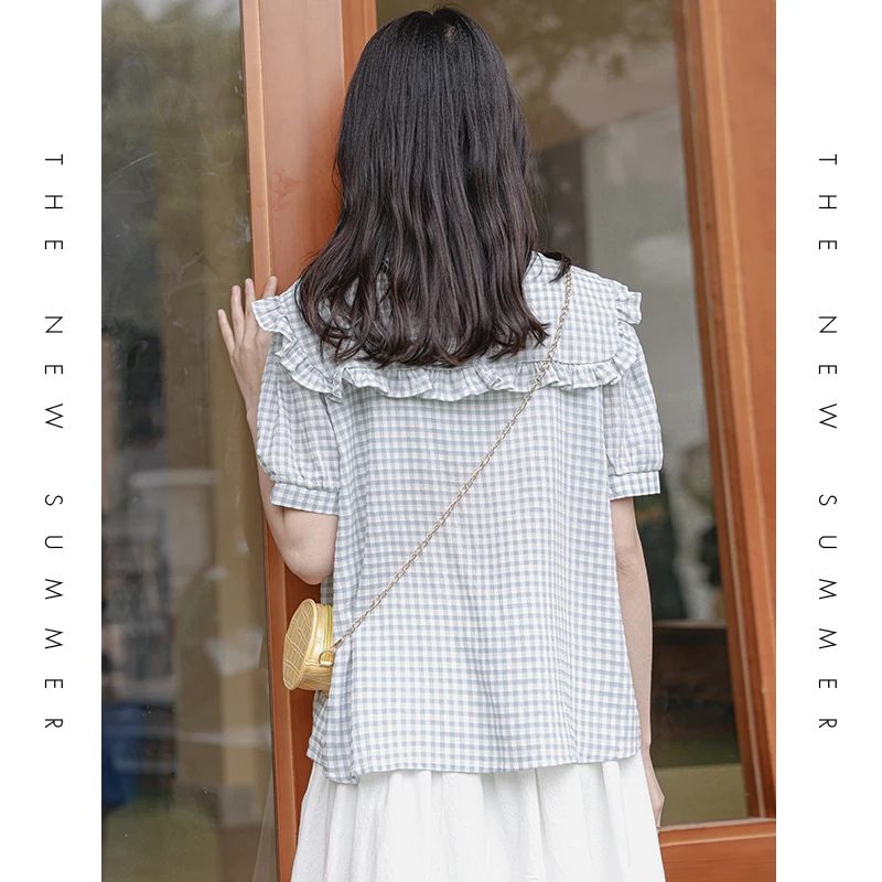 

plaid shirt female short-sleeved summer French design feeling restoring ancient ways the thin small doll chiffon blouse