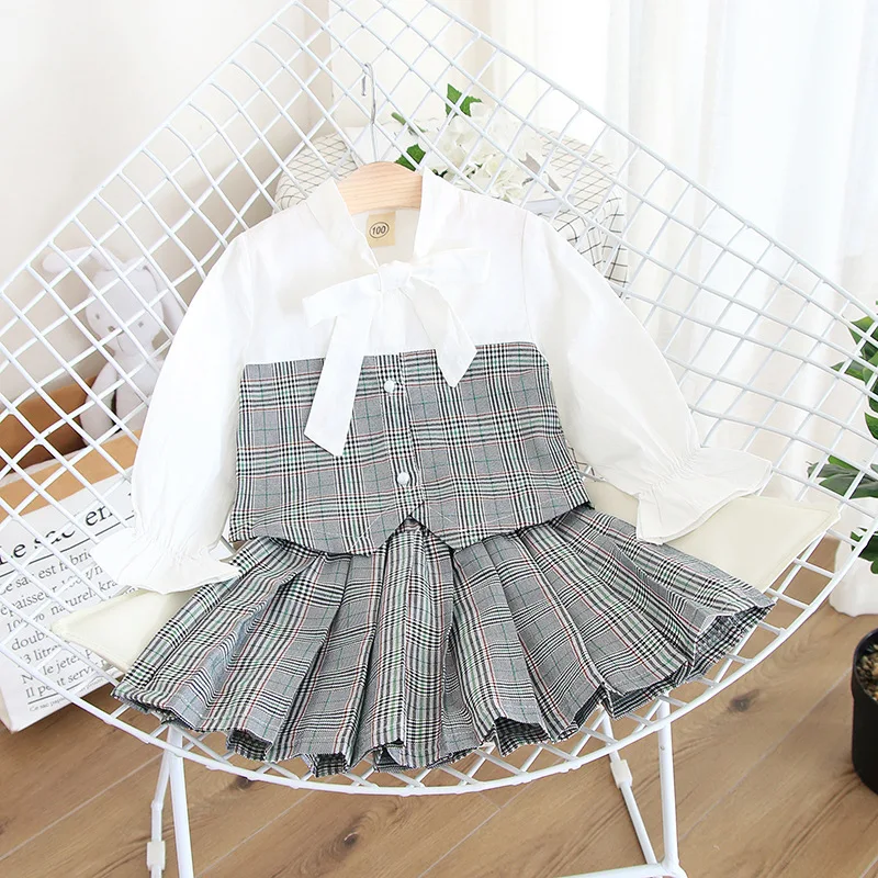 

Autumn Winter Kids Clothing Set for Girls Long Sleeve patchwork plaid Dress princess Children 2pcs Outfits 3-7Y #0078