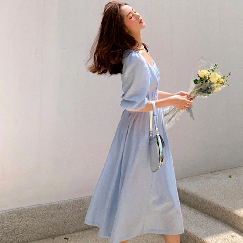 

Korejepo Women Dress 2021 Summer Ladies French Retro Gentle Sweet Temperament Platycodon Square Collar Puff Sleeve Vestidos