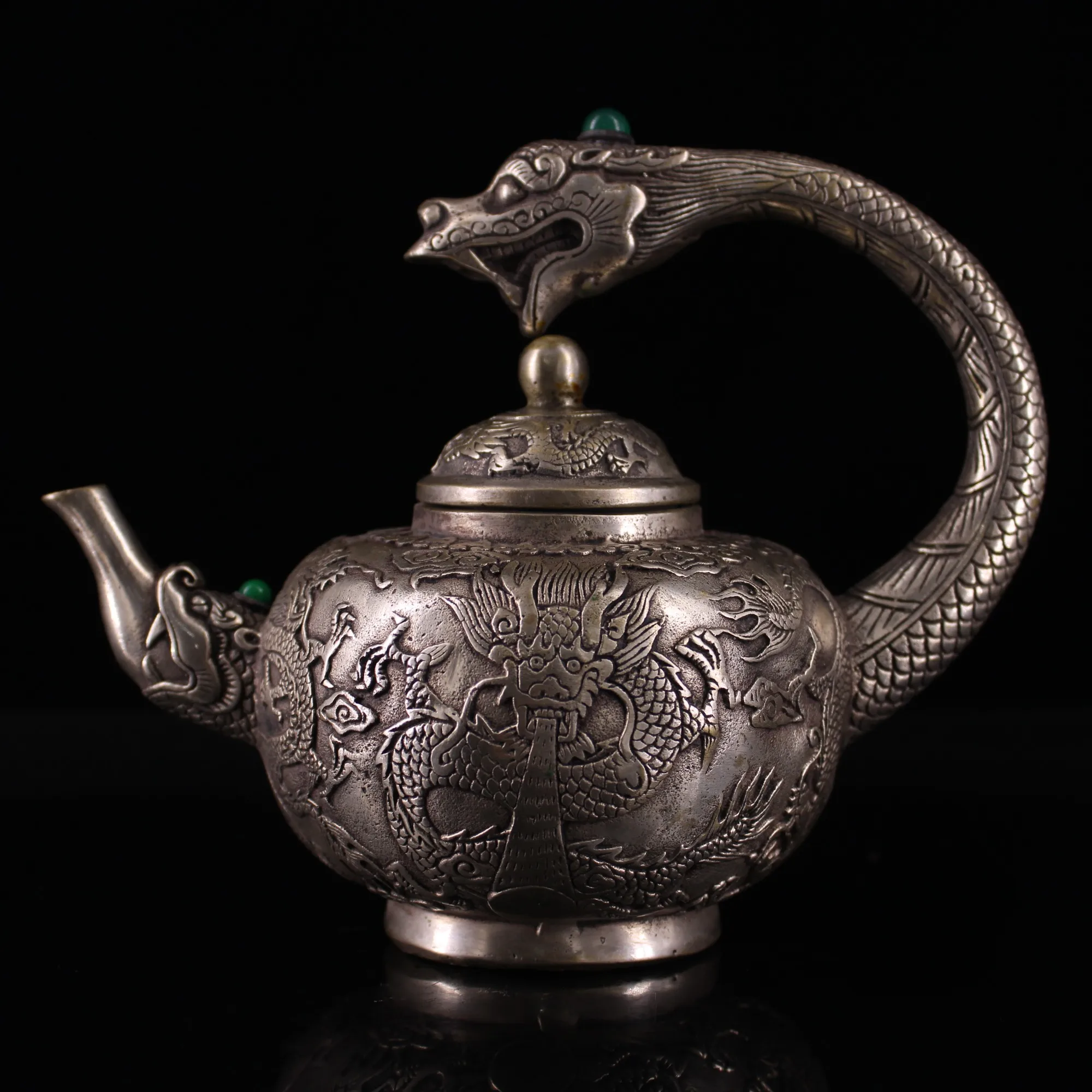 

7"Chinese temple collection Old Bronze Gilt silver mosaic Gem Dragon handle Long Xizhu kettle flagon teapot Town House Exorcism
