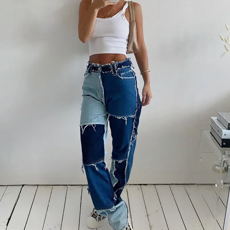 

Kalenmos Spring New Jeans for Women Sexy High Waist Stitching Plaid Contrast Color Slim Pocket Leggings Vintage Streetwear