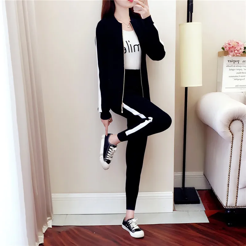 Спортивный костюм женский вязаный из двух предметов осень 2019 | Спорт и