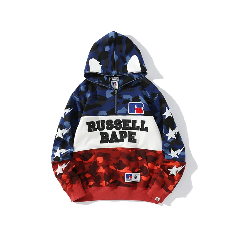 

Winter Shark Hoodie Plush Warm Coats RUSSELL BAPE Branded Embroidered Jacket Hoodies Harajuku Japan High Street Pullover