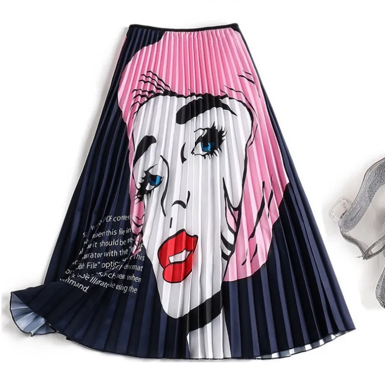 LAUZUOLA Spring Autumn Printed Cartoon Skirt Midi High Street Party Holidays High Elastic Quality Long Pleated Skirts Womens - Цвет: 023
