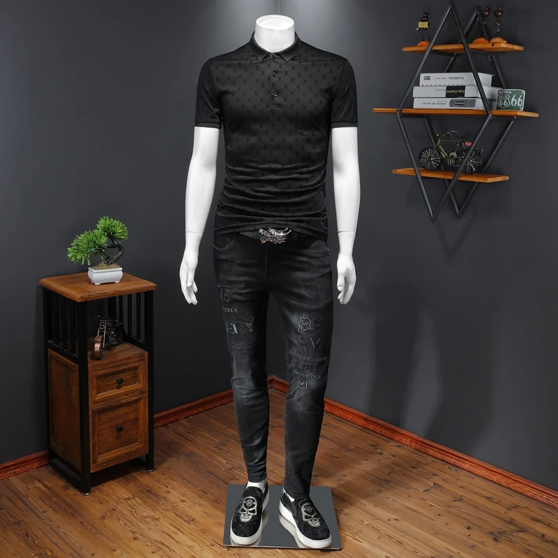 

Top Quality Men Polo Shirts New Arrivals Flocking Lapel Classic Brand Short Sleeve Black Male Summer Clothing E0404