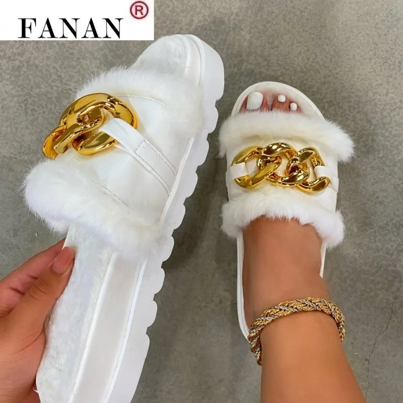 

Women Furry Fashion Flip Flops Sandals Shoes Women Flat Platform Chain Detail Chunky Sole Casual Gladiator Buckle Sandals Shoes