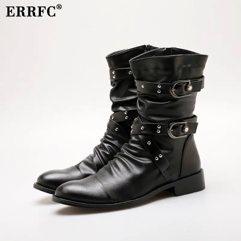 

New Arrival Autumn Mens Black Mid Calf Boots Fashion Pointed Toe Trend Denim Botas British High Shoes Motorcycle Zapatos ERRFC