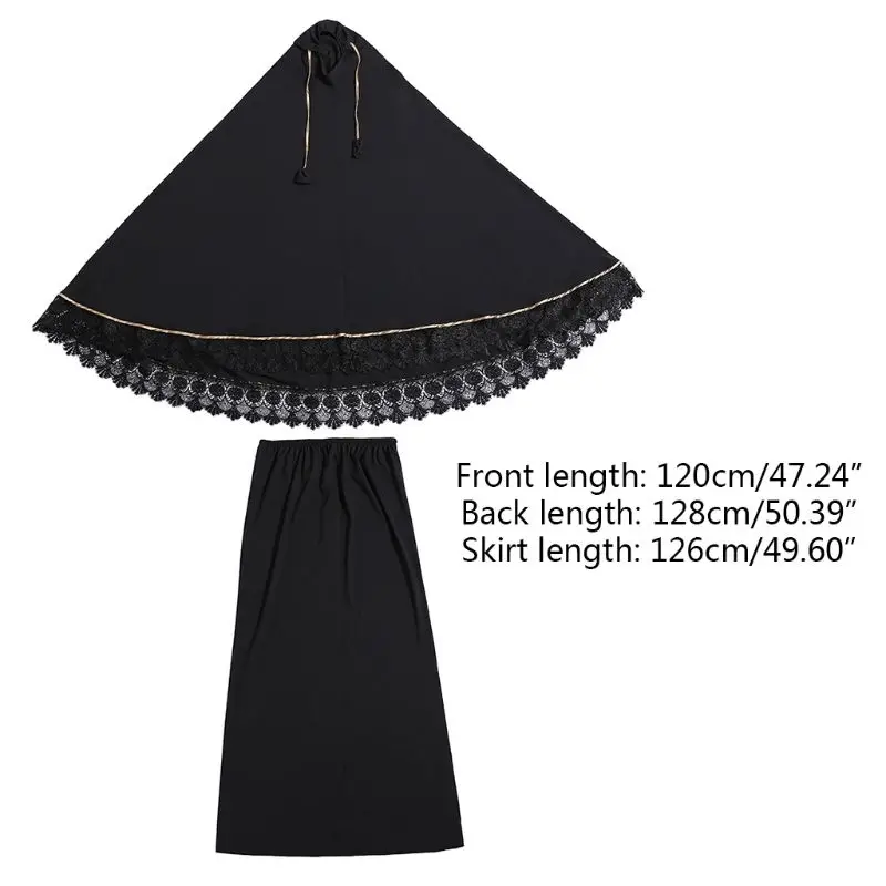

2pcs Muslim Women Traditional Robe Abaya Dress Double Layer Large Scale Mosque Lace Trim Hijab Gown Islamic Prayer Sets