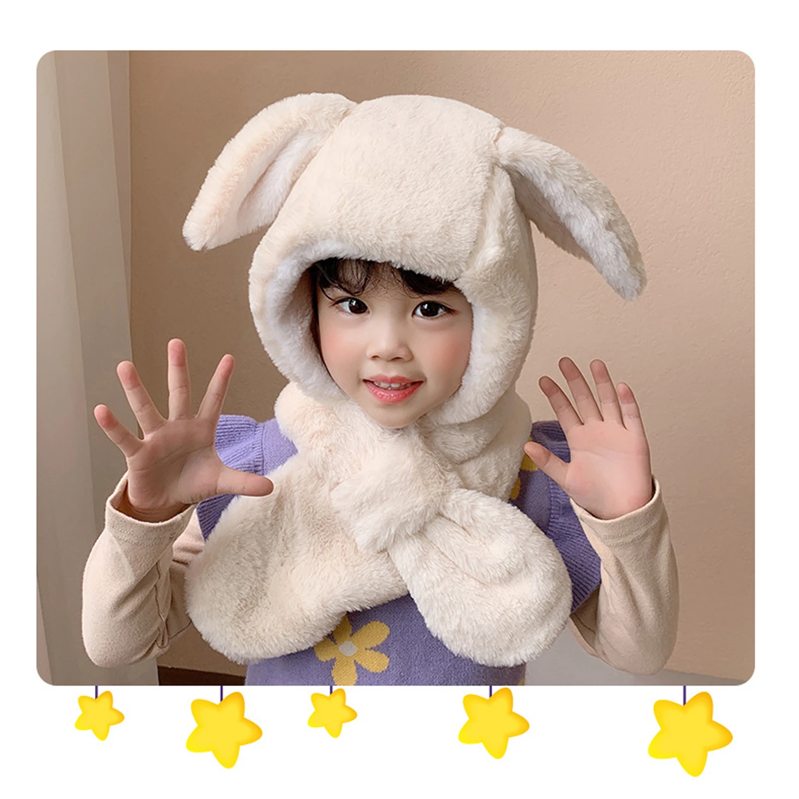 

Baby's Hat Baby Boys Girls Autumn Winter Cute Rabbit Ear Plush Warm Hat Cap Neck Wrap Scarf Casual Protective Ear Caps Beanies