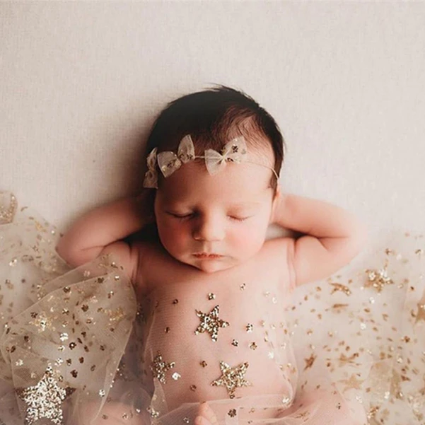 Dvotinst Newborn Baby Photography Props Blingbling Stars Wrap Starry Galaxy Ultra-thin Mesh Wraps Headband Pillow Photo Props