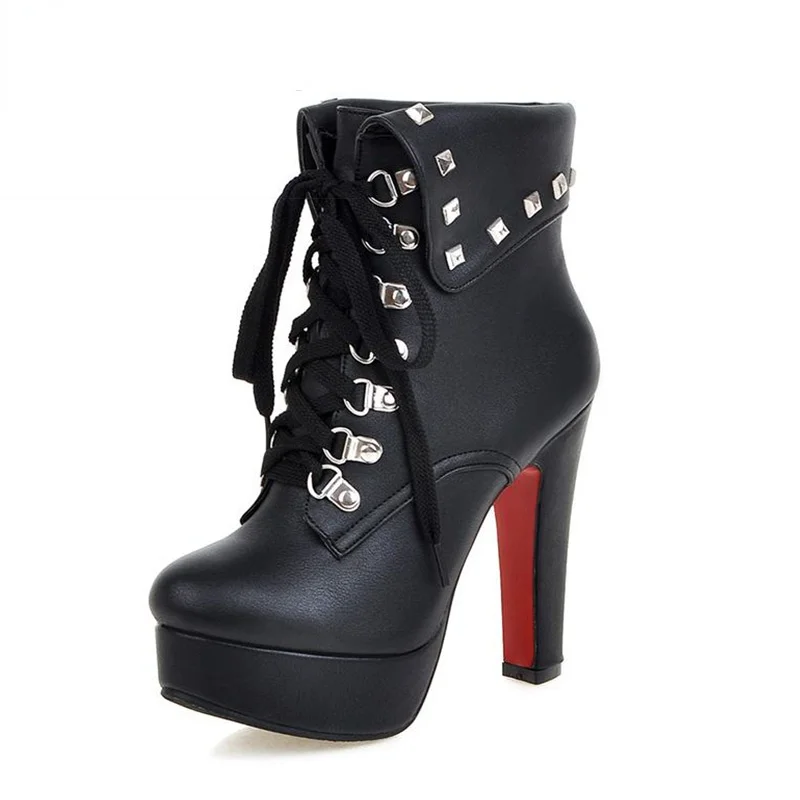 

Winter Style Thick High Heels Rivets Lace Up Ankle Boots Platform Women Boots Fall Shoes 2021 Women's Chelsea Ankle High Heels