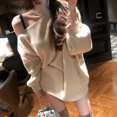 Aihuyigui 2019 Autumn Women New Hanging Neck Pullovers Sweater Knit Bare Shoulder Lrregular Fashion Casual Mujer Tb129 | Женская одежда