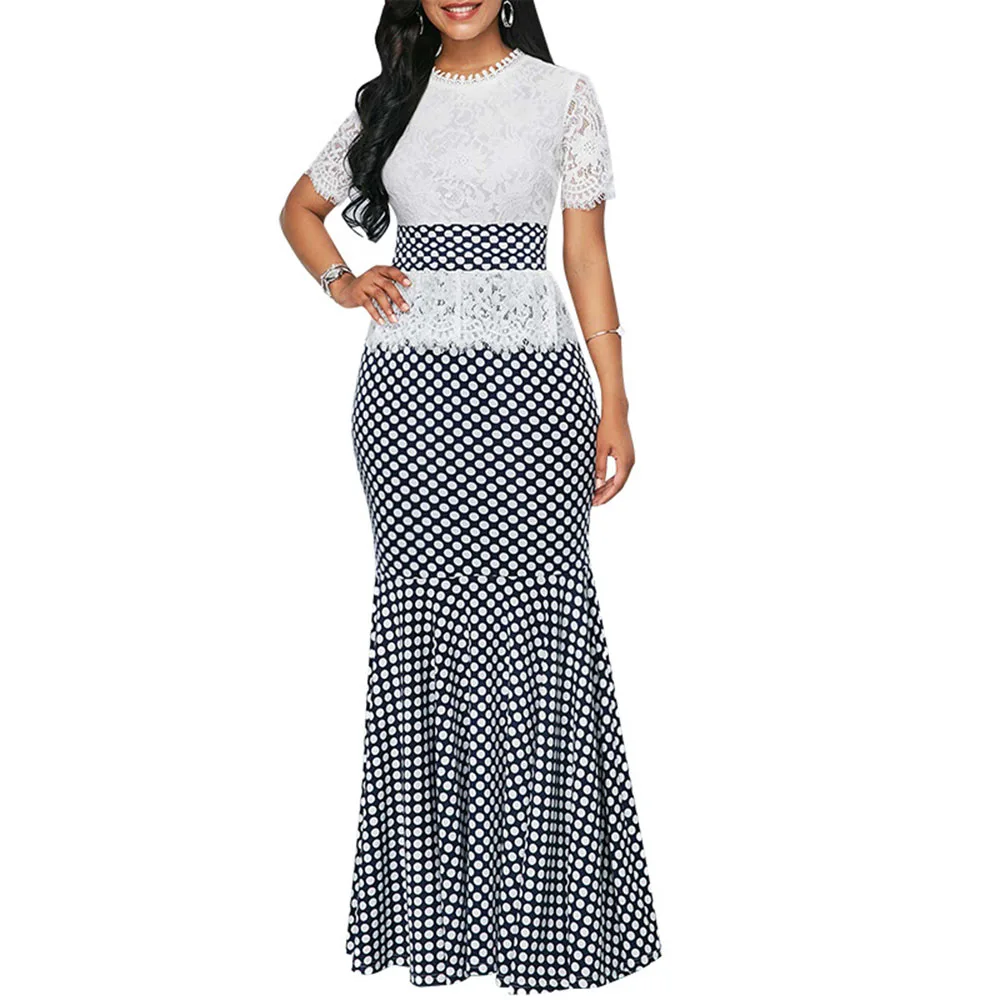 

Europe America 2021 Summer New Explosion Lace Dots Splicing Fashion High Waist Women's Dress Mermaid Round Neck Summer