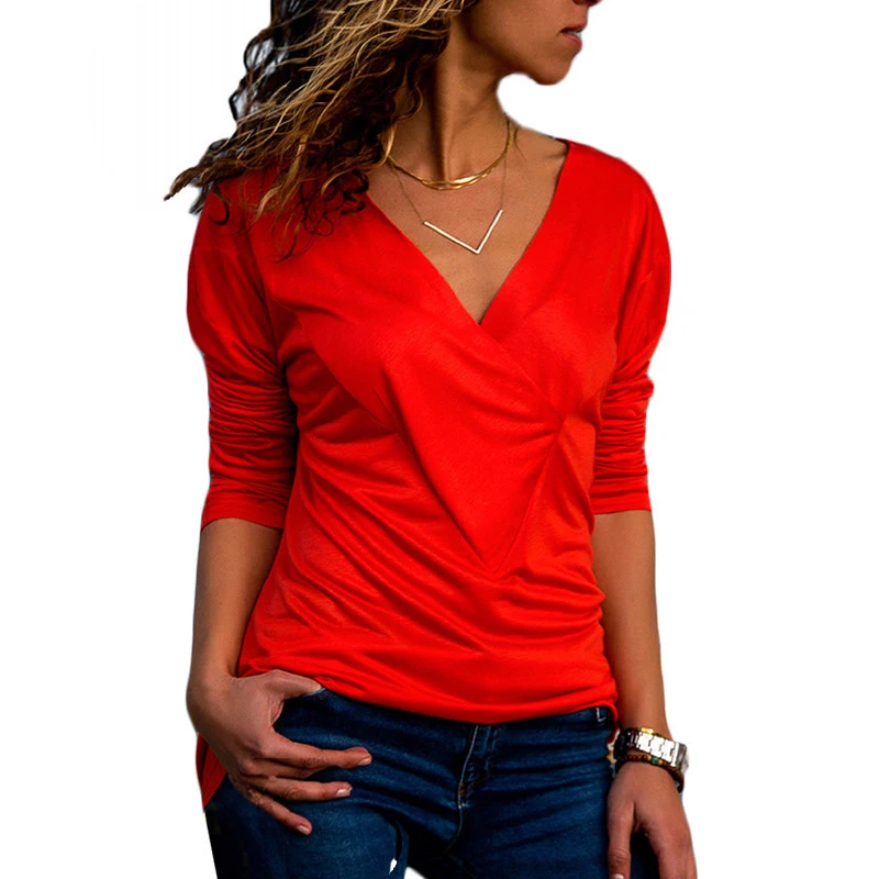 Рубашка женская демисезонная однотонная с V образным вырезом и длинным