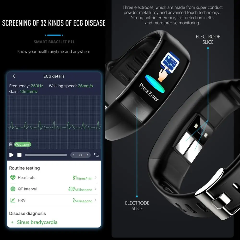 

P11 Smart bracelet ECG+PPG Smart Band Blood pressur Blood oxygen Monitoring Heart rate Fitness tracker Smart Wristband Men Women
